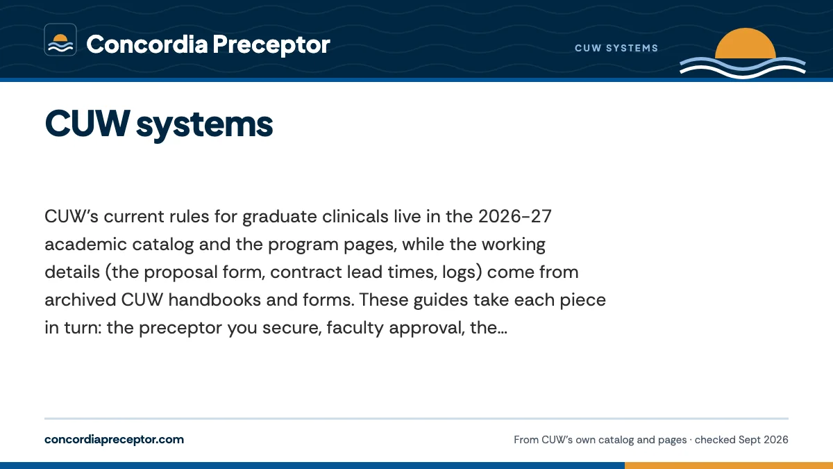 CUW systems. CUW's current rules for graduate clinicals live in the 2026-27 academic catalog and the program pages, while the working details (the proposal form, contract le