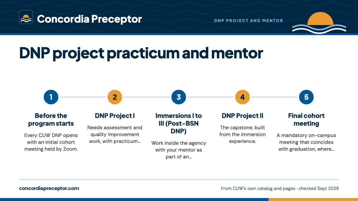 Numbered steps. From Zoom orientation to the final cohort meeting: 1 Before the program starts; 2 DNP Project I; 3 Immersions I to III (Post-BSN DNP); 4 DNP Project II; 5 Final cohort meeting.