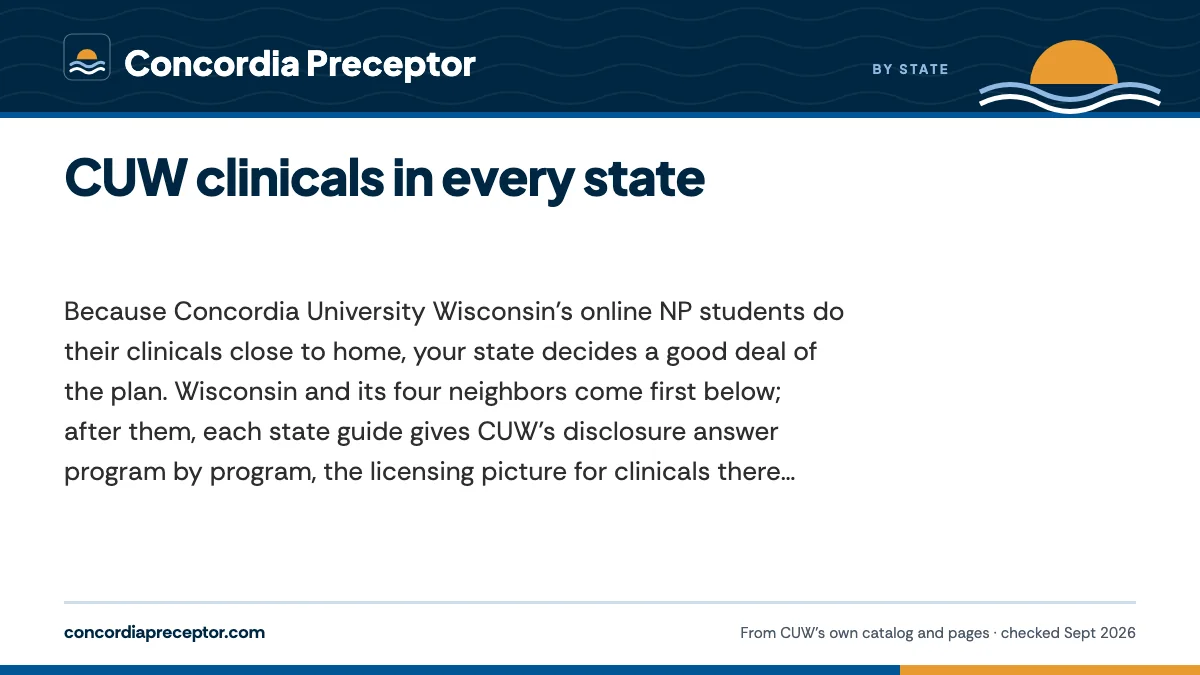 CUW clinicals in every state. Because Concordia University Wisconsin's online NP students do their clinicals close to home, your state decides a good deal of the plan. Wisconsin and its four